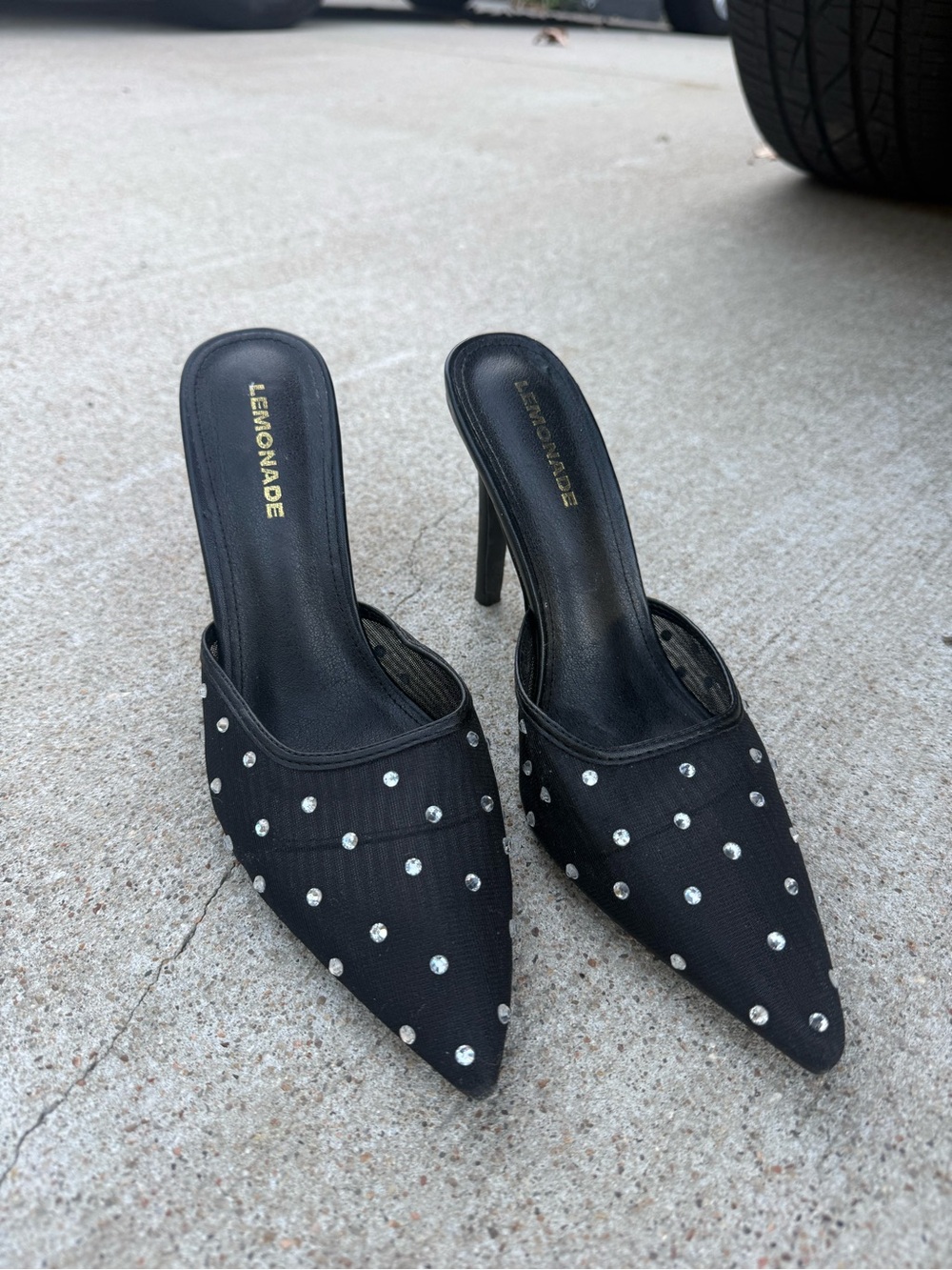 Lemon Black Pointed Crystal-Stud Mule Heels